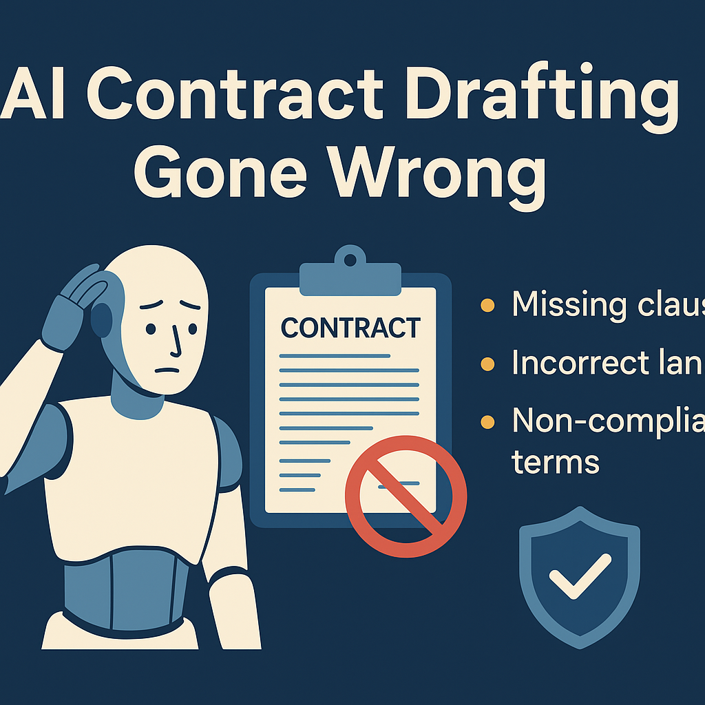 Robot reviewing contract with visible errors, highlighting risks of AI in legal drafting
