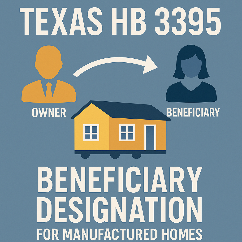 Infographic showing Texas HB 3395 beneficiary designation process for manufactured home owners and beneficiaries