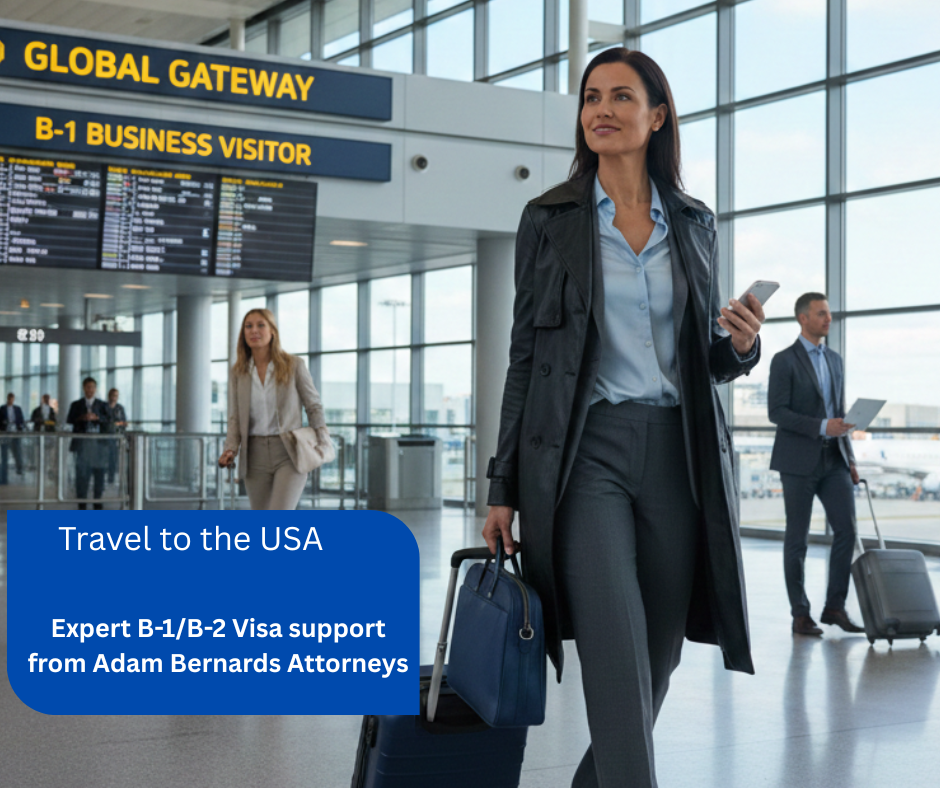 usiness visitor walking in a U.S. city skyline, representing B-1 visa travel.